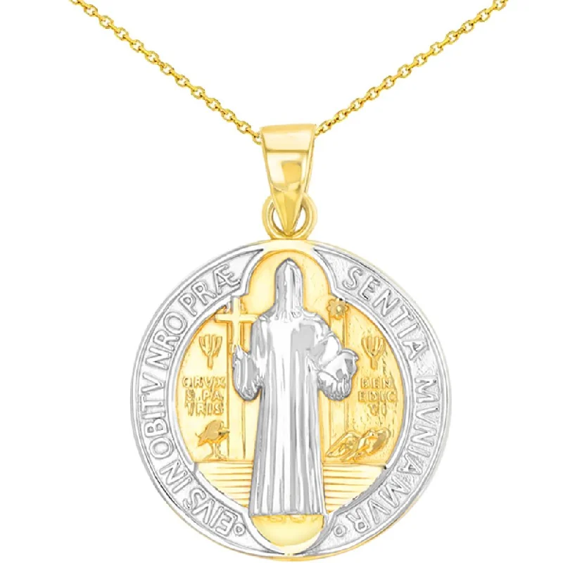 women gold necklaces -Solid 14K Yellow Gold Polished Religious St Benedict Medal Charm Saint Pendant Necklace