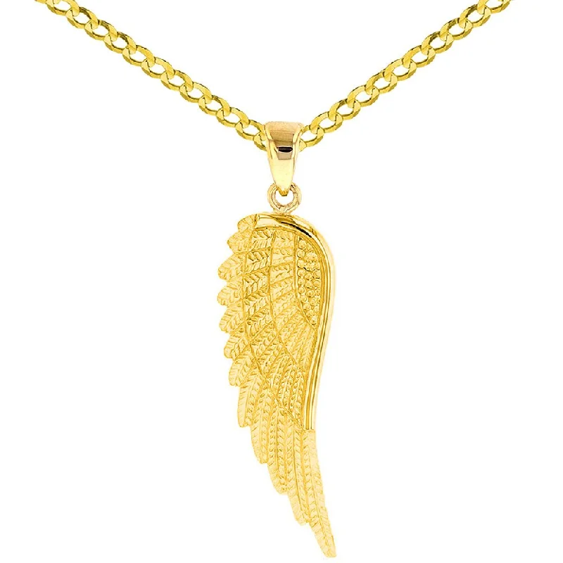 women round pendant necklaces -14k Solid Yellow Gold Textured Angel Wing Charm Pendant with Cuban Chain Necklace