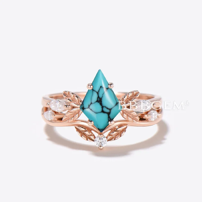 women engagement rings with matching bands -Leaf Design Natural Turquoise Engagement Ring Kite Cut Turquoise Ring