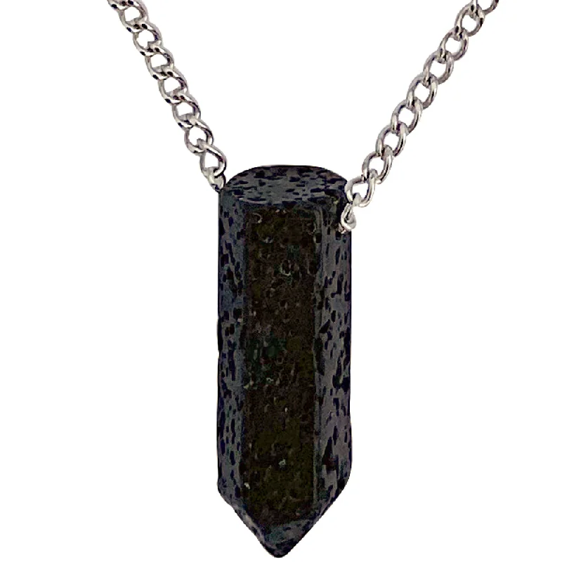 women gold plated necklaces -Modern Men's Genuine Black Lava Rock Point Pendant on Stainless Steel Chain Necklace, 27"