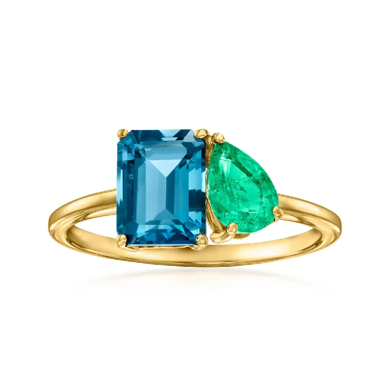 women princess diamond engagement rings -Ross-Simons London Blue Topaz and . Emerald Toi Et Moi Ring in 14kt Yellow Gold