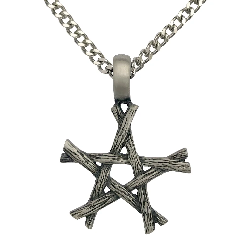 women minimalist gold necklaces -Pewter Wiccan Branch Pentagram Pendant with Extra Large Bail on Mens Heavy Curb Chain Necklace, 24"