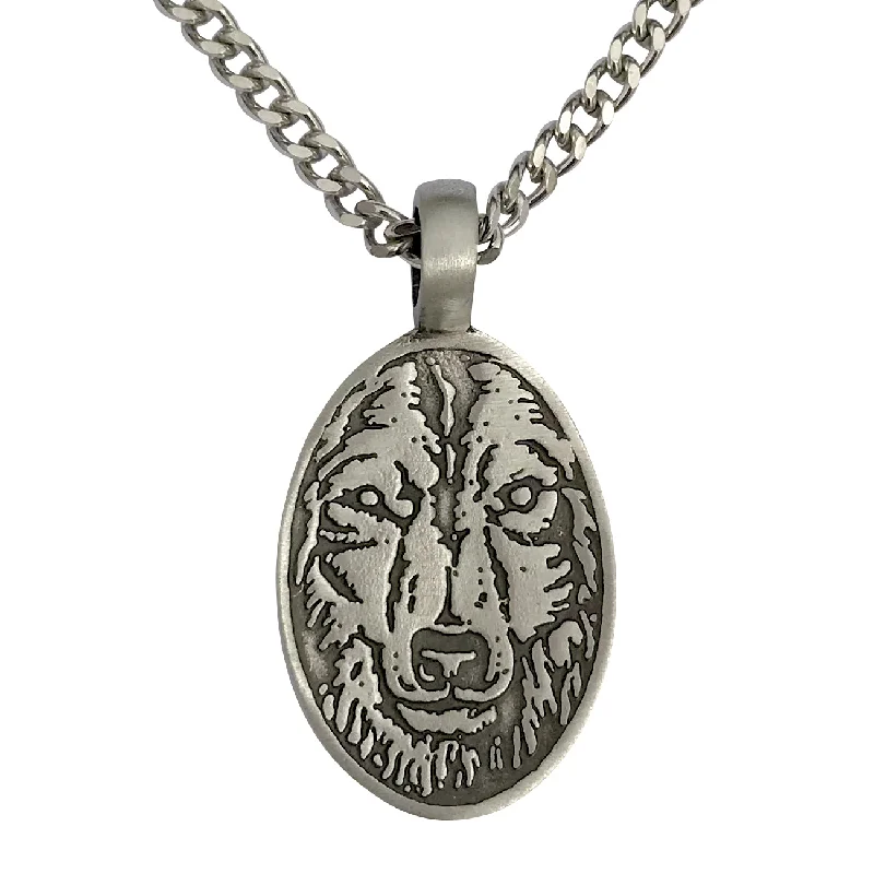 women rose gold pendant necklaces -Pewter Wolf Head Etched Face Pendant with Extra Large Bail, on Men's Heavy Curb Chain Necklace, 24"