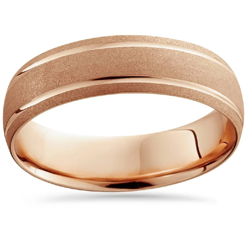 women elegant engagement rings -14K Rose Gold Mens Brushed Double Line Wedding Band 6mm Wide Ring Size Selectable