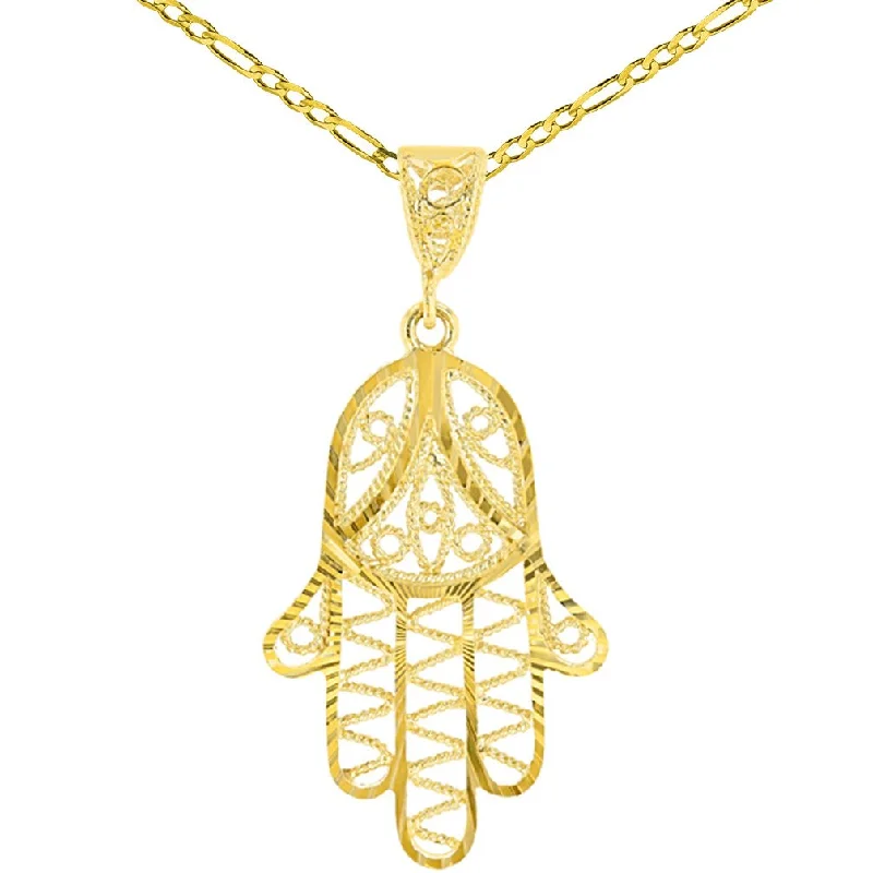 women custom necklaces -Solid 14K Gold Filigree Hamsa Charm Textured Hand of God Pendant Figaro Chain Necklace - Yellow Gold