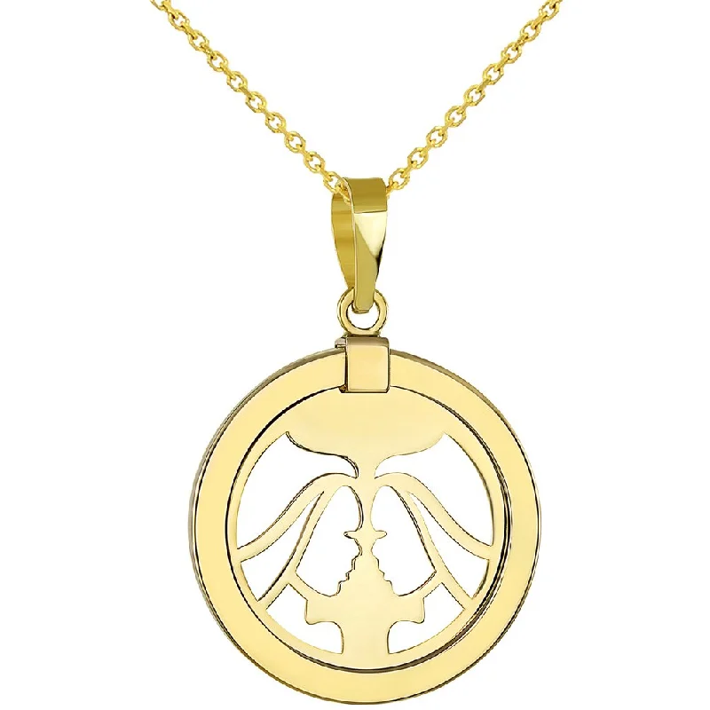 women rope necklaces -14K Gold Reversible Round Gemini Twins Zodiac Sign Pendant with Chain Necklace - Yellow Gold