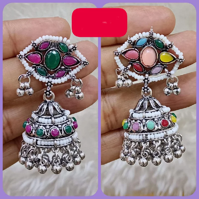 women gem earrings -Abhinandan Oxodised Plated Pota Stone And Ghungroo Jhumki Earrings (Assorted Color)