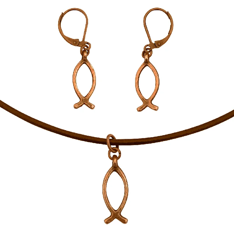 women chic necklaces -Christian Fish Symbol Charm Necklace & Earring Set, Antique Copper Brown Leather Adjustable