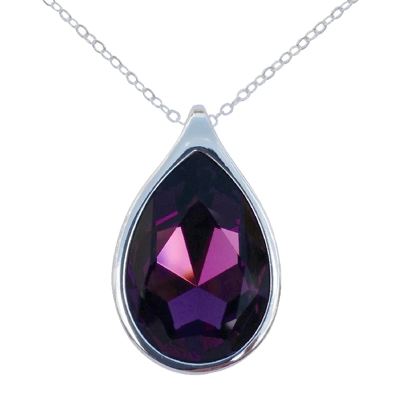 women luxury silver necklaces -Amethyst Swarovski Crystal Pear/Teardrop Pendant on 18" 2mm Silver-Plated Necklace