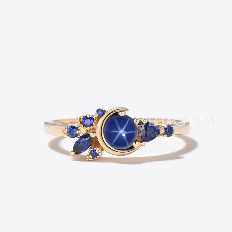 women engagement rings -0.5ct Round Star Sapphire Engagement Ring Moon Sapphire Wedding Ring