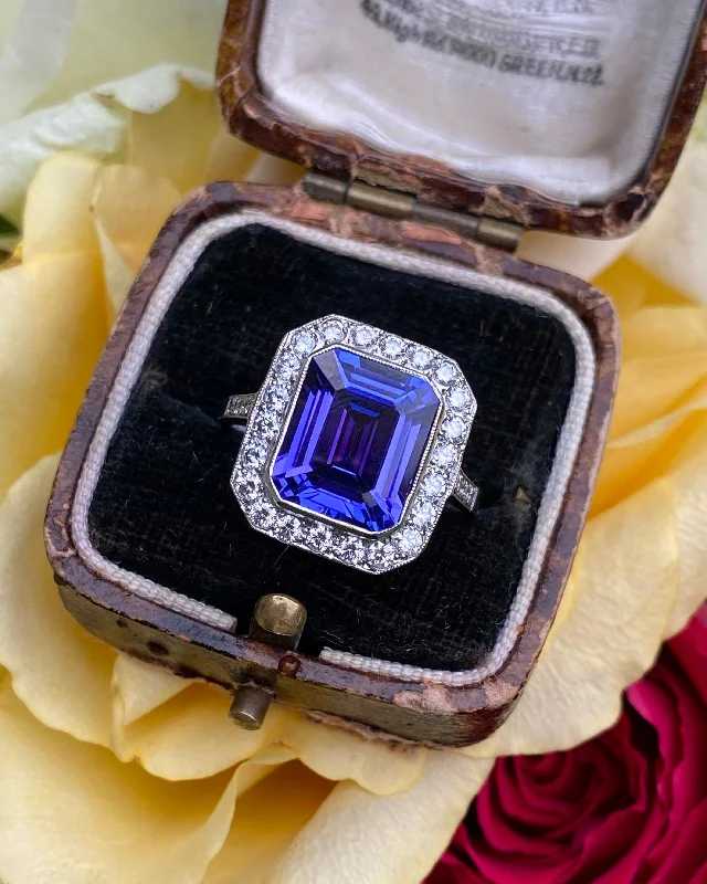 women silver rings -Art Deco Tanzanite & Diamond Platinum Cluster Ring 0.65ct + 4.55ct