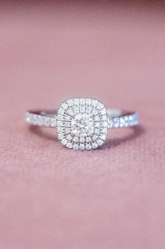 women cocktail rings -Cushion Cut Double Halo Moissanite Engagement Ring