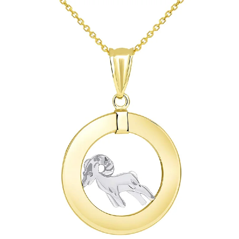 women diamond necklaces -High Polish 14k Two Tone Gold Open Circle Aries Zodiac Sign Pendant Necklace