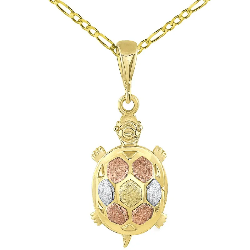 women chunky necklaces -14K Gold Fancy Turtle Charm Animal Pendant with Figaro Chain Necklace - Tri-Color Gold