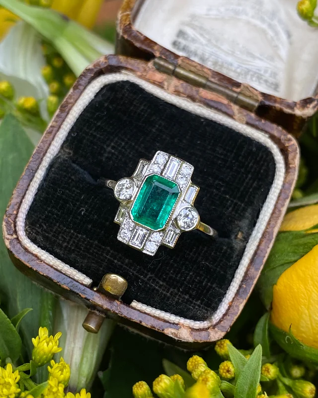 women ring sets -Art Deco Style Emerald & Diamond Platinum Ring 0.55ct + 1.0ct