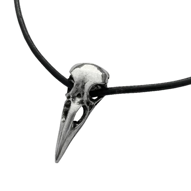 women adjustable necklaces -Large Silver Raven Skull on Thick Black Leather Necklace Cord - 22 inches