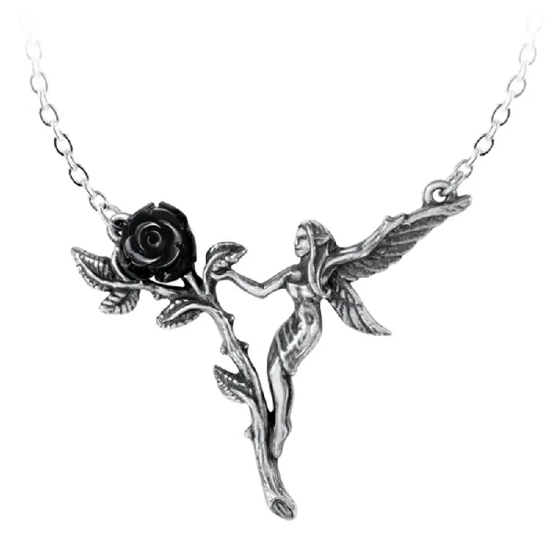 women minimalist pendant necklaces -Faerie Glade Fairy Black Rose Necklace by Alchemy Gothic