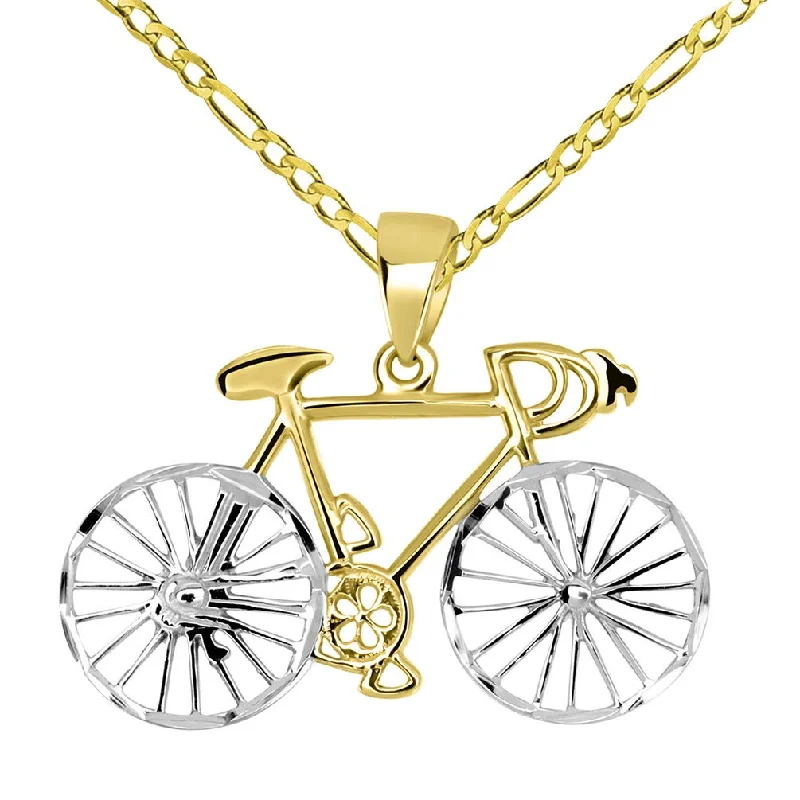 women vintage-style necklaces -14k Gold Two-Tone Bicycle Bike with Textured Wheels Pendant Figaro Chain Necklace - Yellow Gold