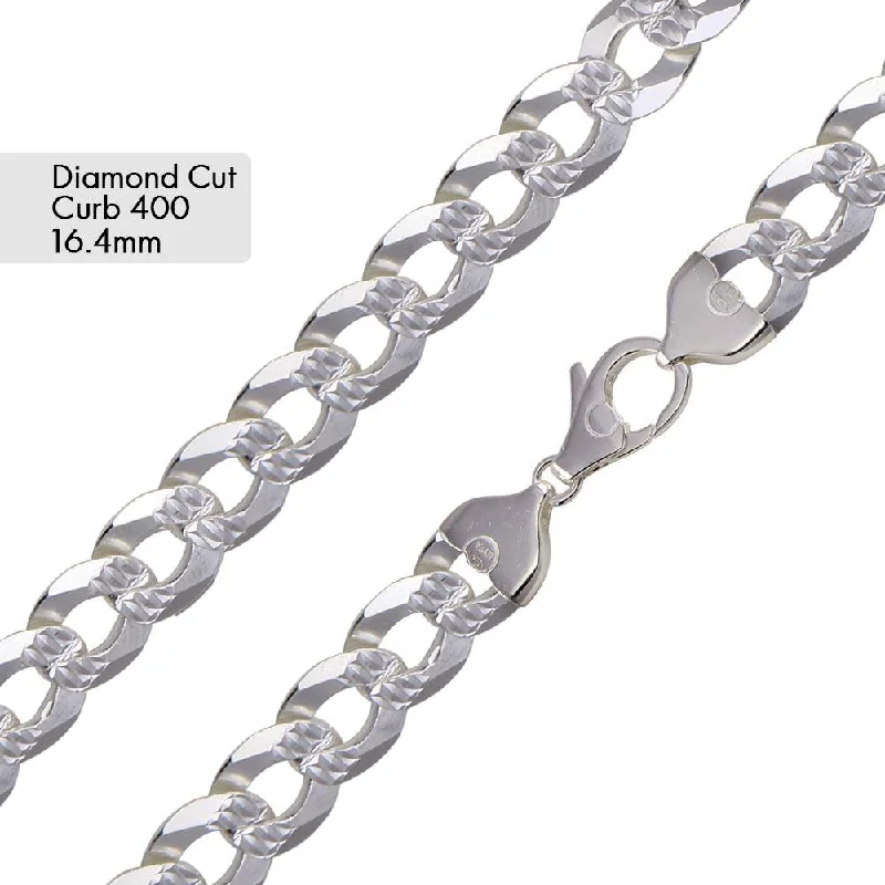 women cuff bangles -Curb 400 1 Side Diamond Cut 1 Side Plain Chain or Bracelet 16.4mm - CH635A