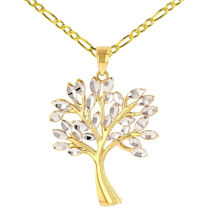 women delicate necklaces -Solid 14K Gold Textured Elegant Tree of Life Pendant Figaro Chain Necklace - Yellow Gold