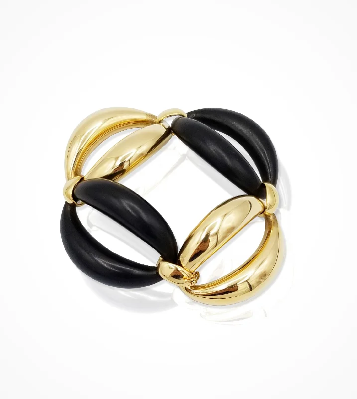 women bangle stack bracelets -Estate 18kt yellow gold large oval links and ebonized wood link bracelet - SOLD