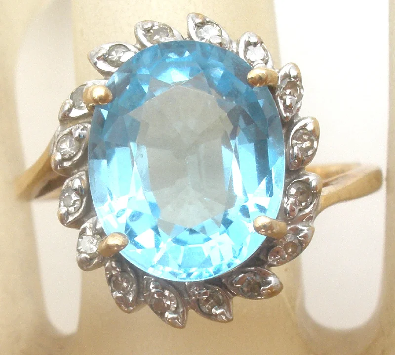 women large rings -Blue Topaz & Diamond Halo Ring 10K Gold Size 8.25