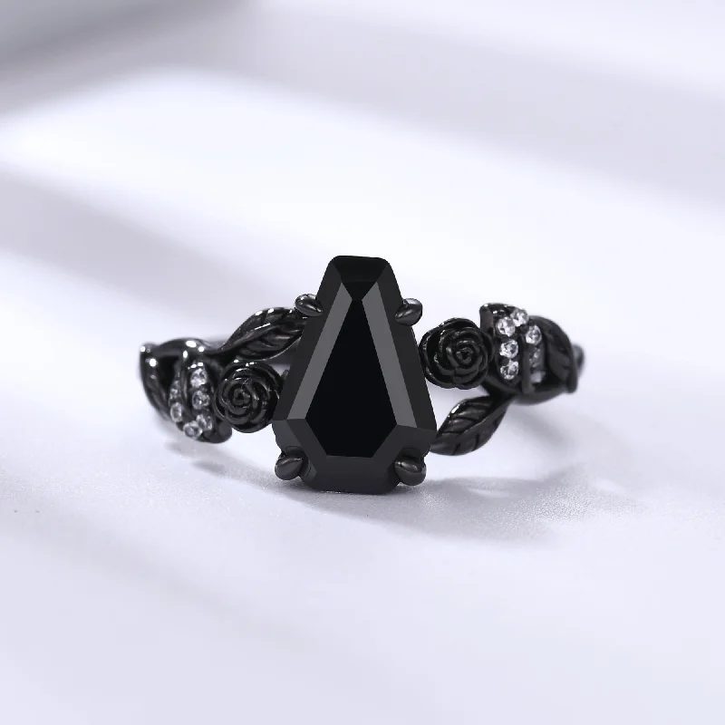 women custom designed engagement rings -Nature Inspired Black Onyx Coffin Gothic Engagement Ring Unique Black Gold Flower