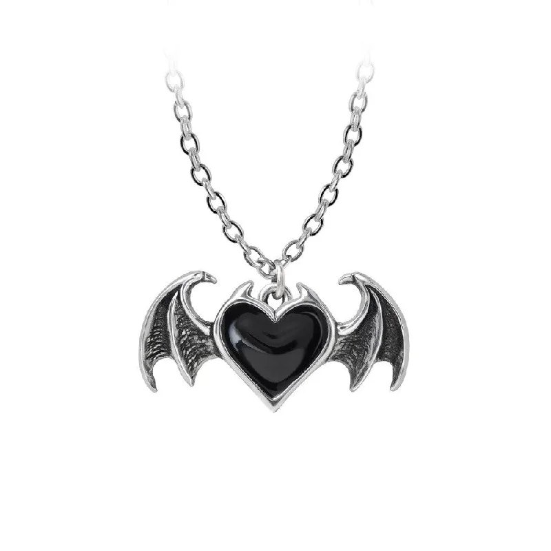 women chain necklaces -Blacksoul Bijou Black Heart Bat Pendant Necklace by Alchemy Gothic