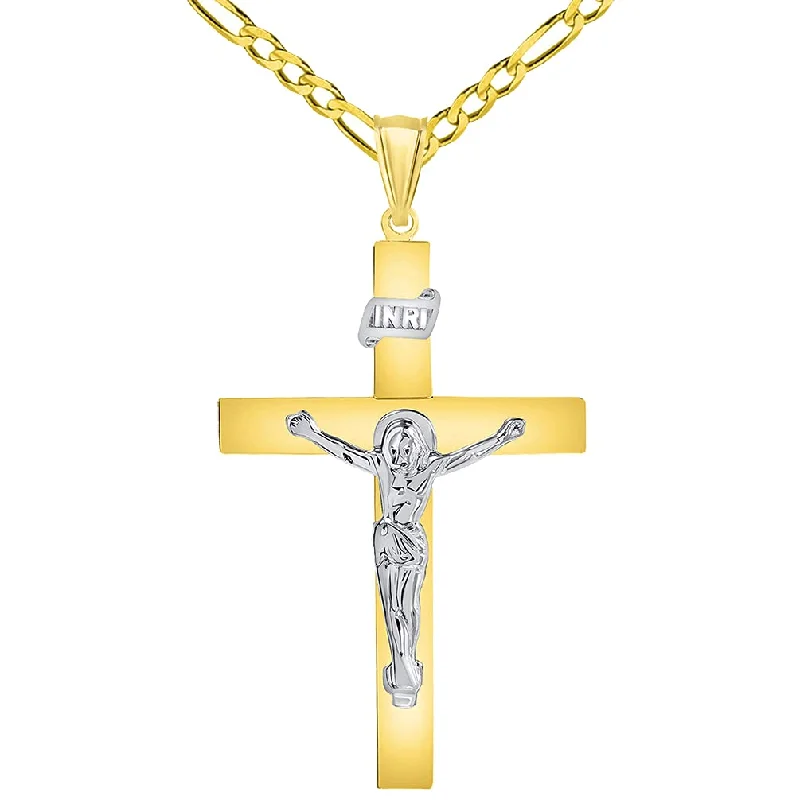 women short necklaces -14k Two-Tone Gold 4mm Thick INRI Tubular Cross Roman Catholic Crucifix Pendant with Figaro Chain Necklace