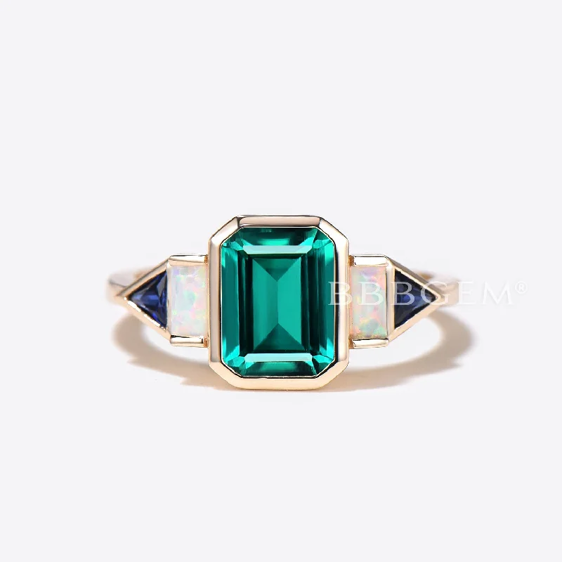 women three-stone engagement rings -Bezel Set Emerald Cut Emerald Engagement Ring 5 Stone Opal Sapphire Ring