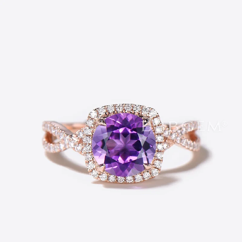 women pear-shaped engagement rings -Twisted Round Cut Natural Amethyst Engagement Ring Split Shank Diamond Halo Wedding Ring