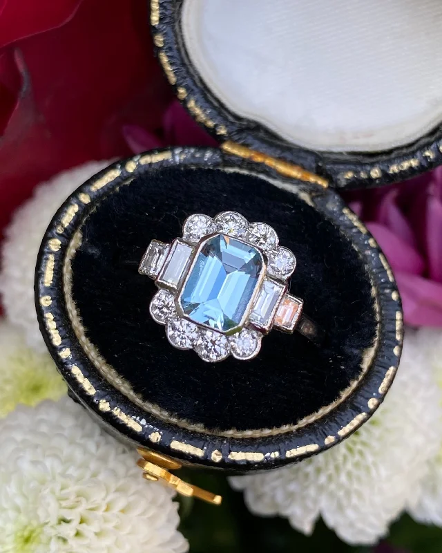 women ring sets -Victorian Aquamarine and Diamond Cluster Platinum Ring 0.55ct + 0.70ct