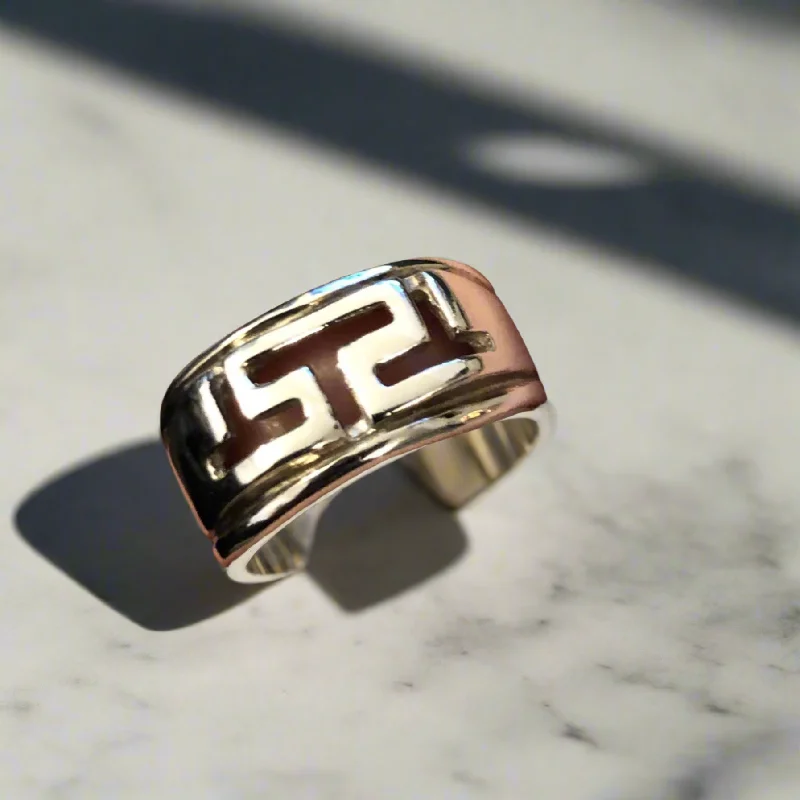 women art deco wedding bands -Greek Key Meander Ring in Sterling Silver (DT-79)