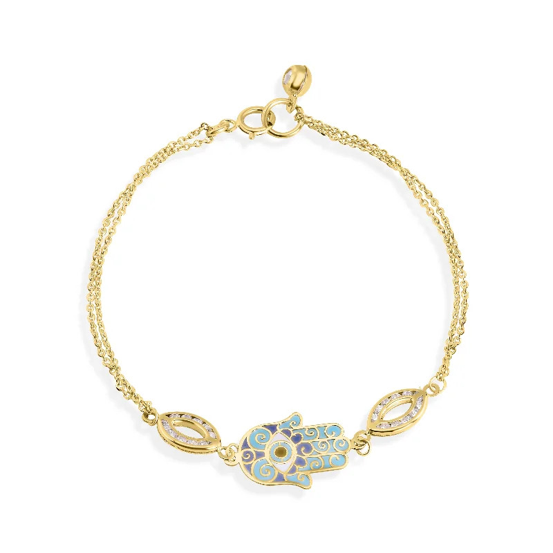 women bangle stack bracelets -14B00001. - 14 Karat Yellow Gold  Double Strand 030 Cable Enamel Hamsa Clear CZ Bracelet