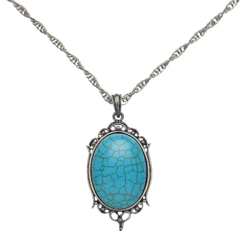 women gemstone necklaces -Antique Silver Turquoise Resin Cabochon Pendant on Fancy Rope Chain Necklace, 24"