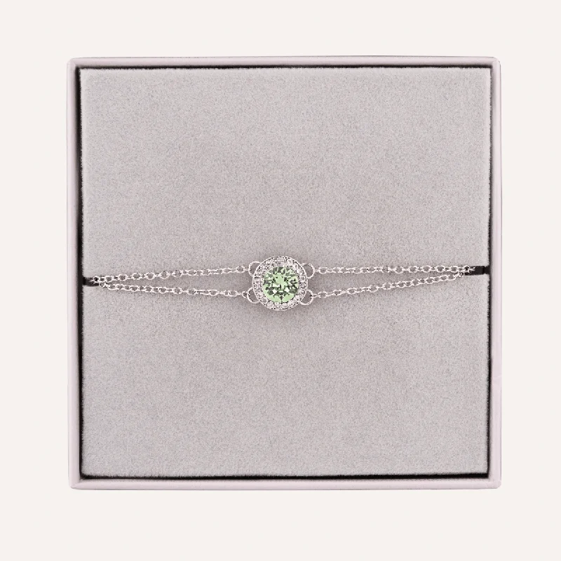 women custom engraved bangles -August Peridot-Colour Birthstone Clasp Bracelet In Silver-Tone