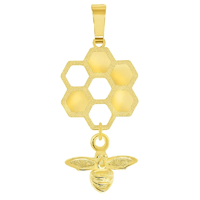 women luxury necklaces -14k Yellow Gold Honey Bee Dangling From Honeycomb Pendant