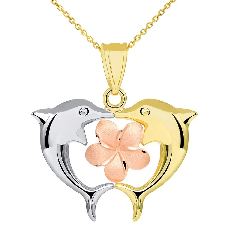 women modern necklaces -14k Gold High Polish Kissing Dolphins with Hawaiian Plumeria Flower Pendant Necklace - Tri Color Gold