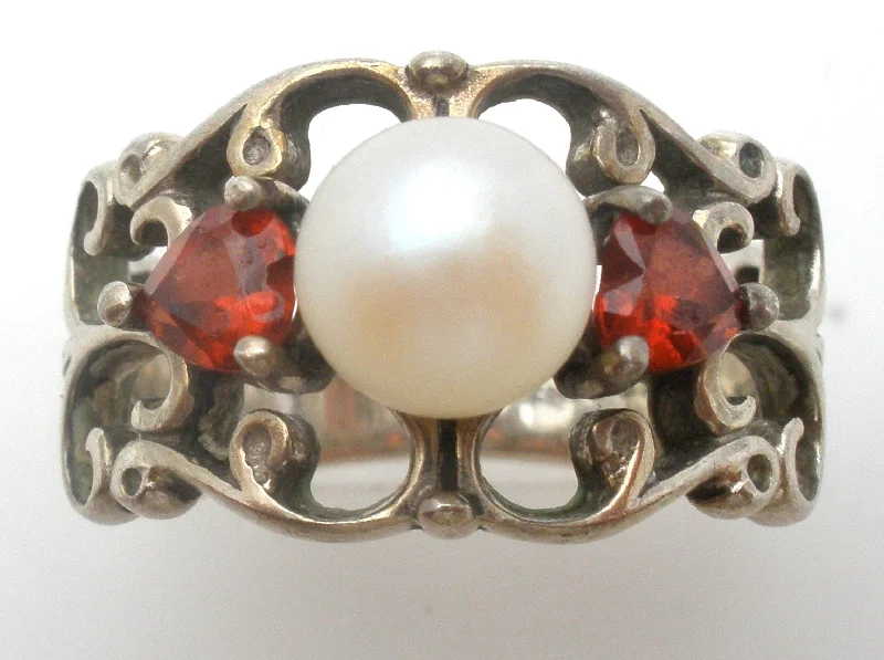 women eternity engagement rings -Pearl & Garnet Sterling Silver Ring Size 6