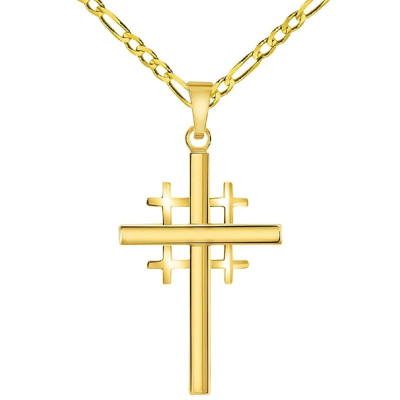 women turquoise necklaces -14k Yellow Gold Religious Crusaders Jerusalem Latin Plain Cross Pendant with Figaro Chain Necklace