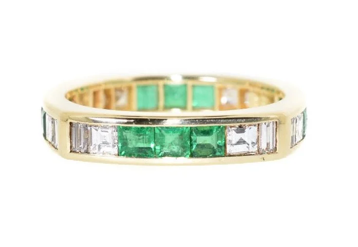 women pearl rings -18kt Yellow Gold Emerald & Diamond Square Eternity Ring