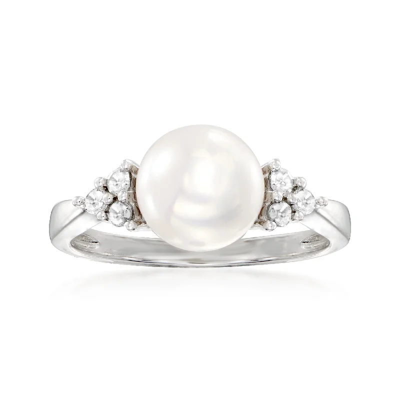 women birthstone engagement rings -Ross-Simons 8-8.5mm Cultured Pearl and . Diamond Ring in Sterling Silver