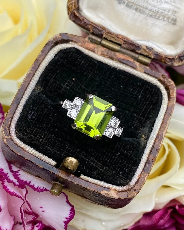 women halo rings -Art Deco Peridot and Diamond Platinum Ring 0.16ct + 2.20ct