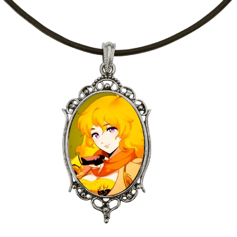 women bridal necklaces -Yang Portrait from RWBY Anime Antique Silver Cameo Pendant on 18" Black Leather Cord Necklace