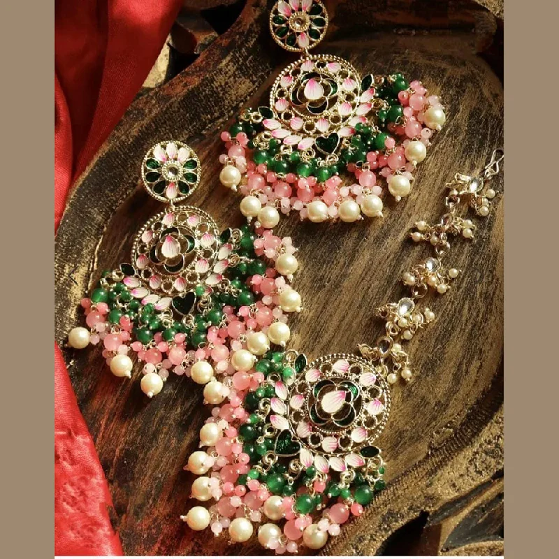 women boho earrings -Lucentarts Jewellery Gold Plated Meenakari And Pearl Earrings With Maangtikka