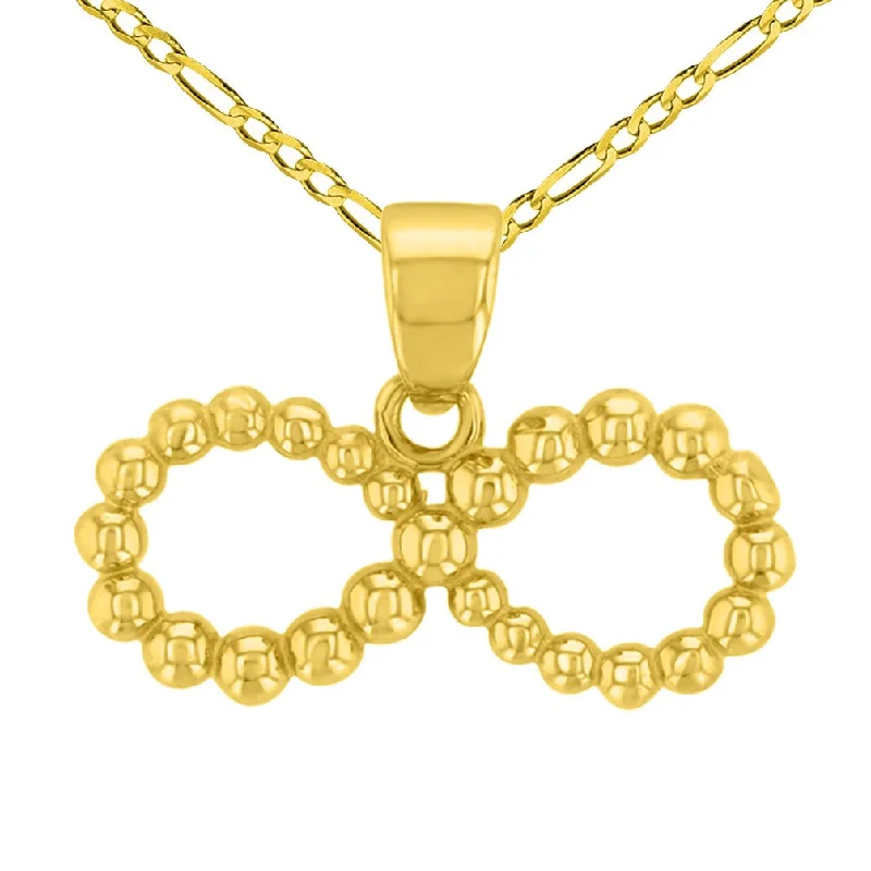 women round pendant necklaces -14K Gold Beaded Style Infinity Pendant with Figaro Chain Necklace - Yellow Gold