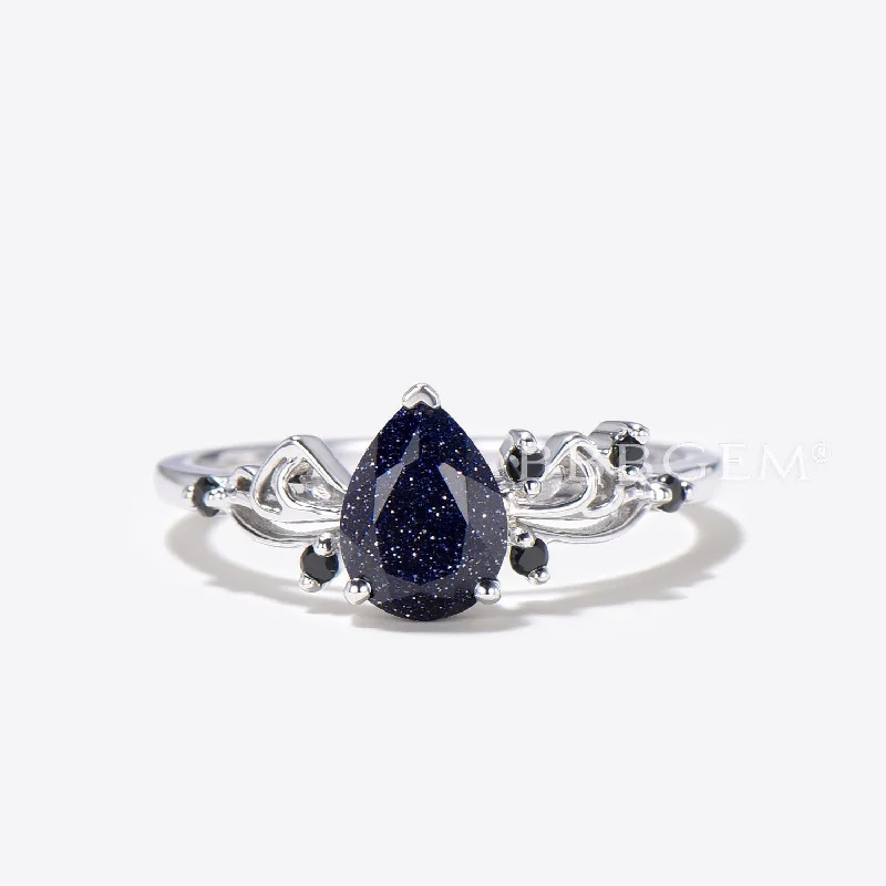 women gold engagement rings -Sailor Moon Pear Cut Galaxy Blue Sandstone Engagement Ring 7 Stone Ring