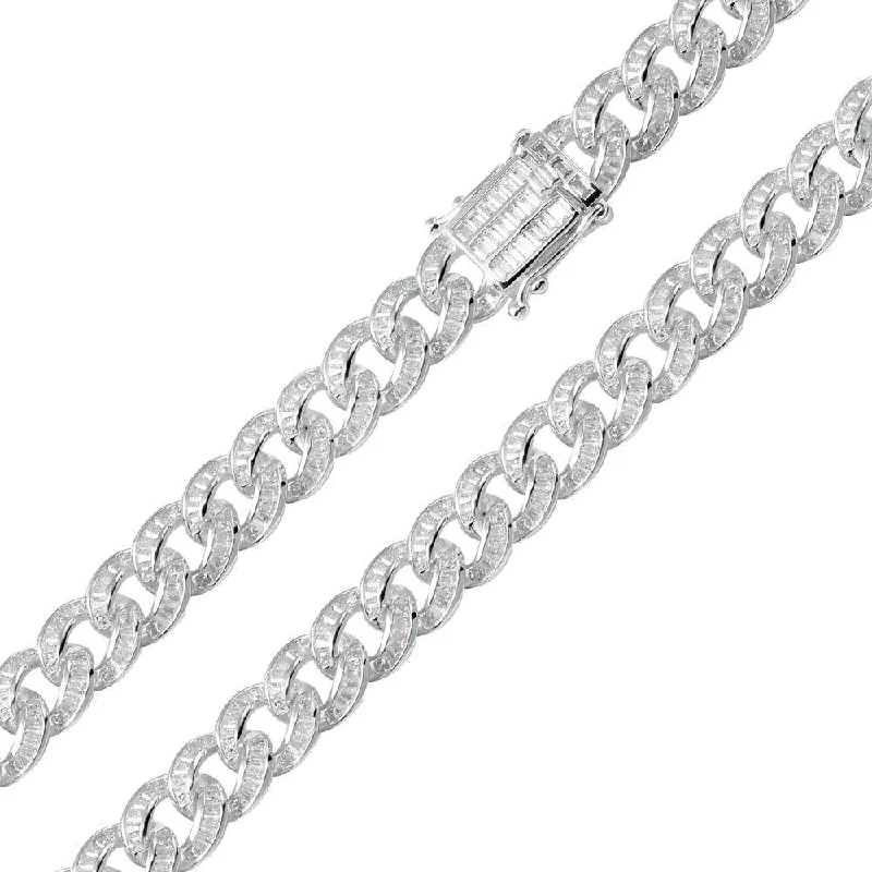 women stacking charm bracelets -Rhodium Plated 925 Sterling Silver Baguette CZ Encrusted Curb Chain or Bracelet 10.9mm - CHCZ116 RH