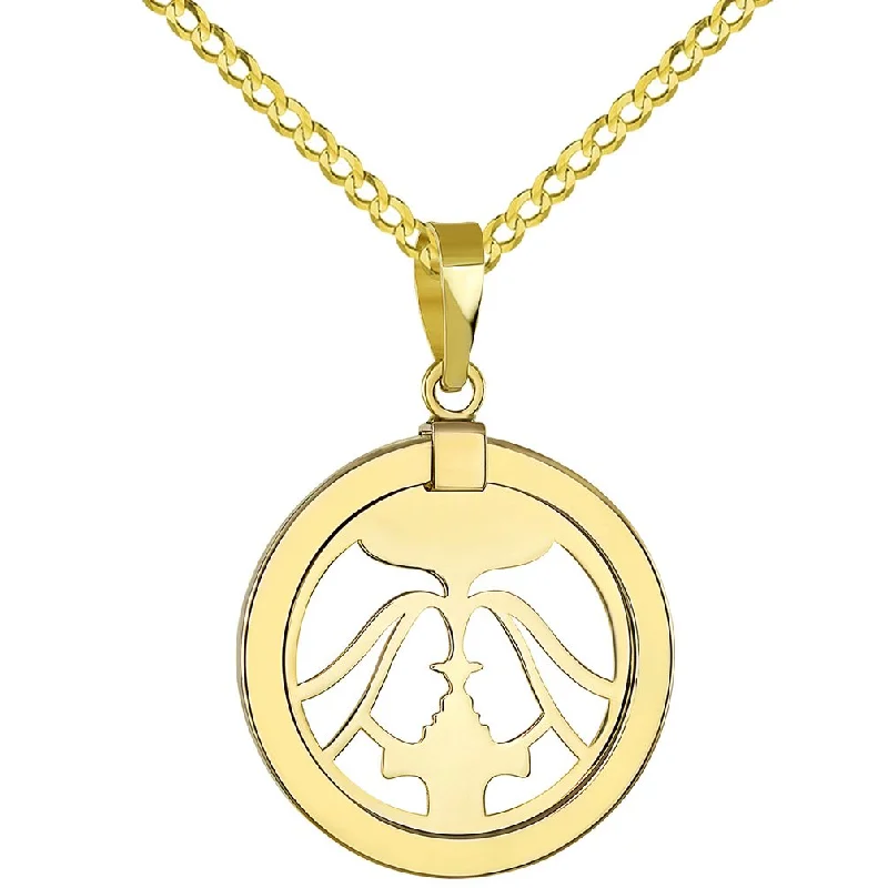 women pearl necklaces -High Polished 14K Yellow Gold Unique Reversible Round Gemini Twins Zodiac Sign Pendant with Cuban Chain Necklace