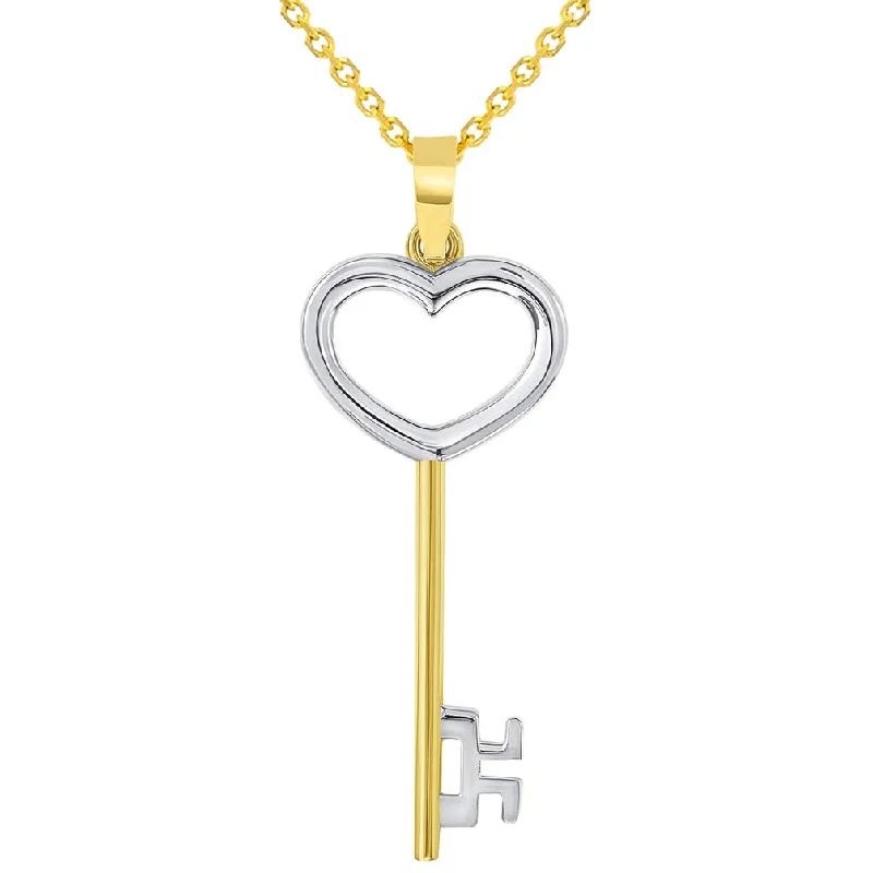 women diamond pendant necklaces -14k Solid Yellow Gold 3D Two Tone Open Heart Shaped Love Key Pendant Necklace